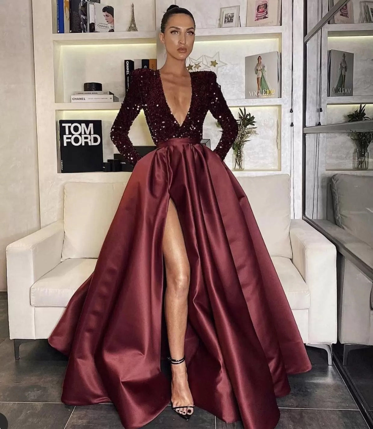 Sequined Deep V-Neck A-Line Evening Gown With Long Sleeves
