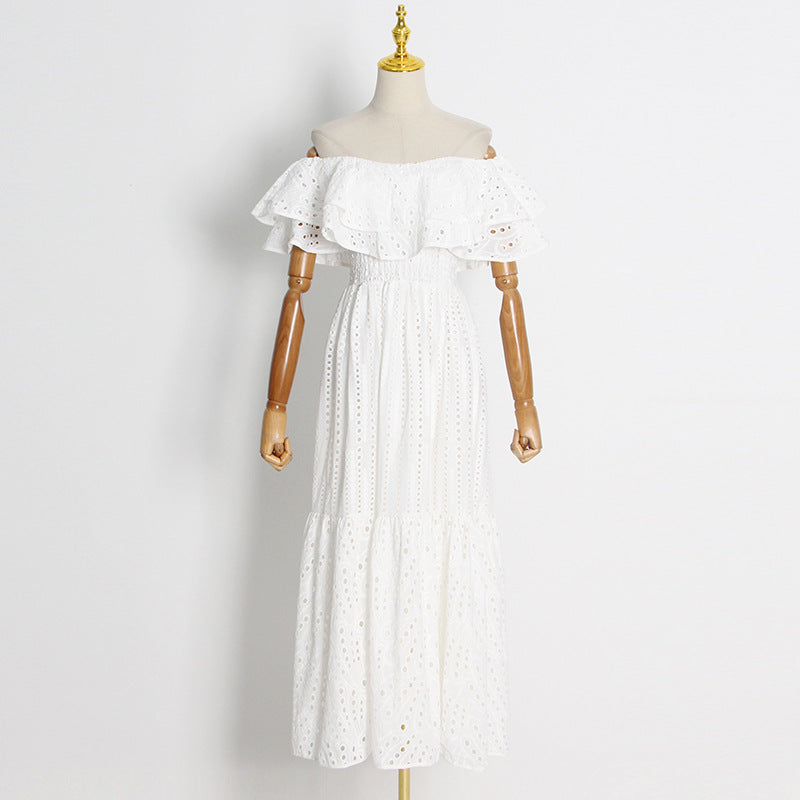 Long Dress Women'S Autumn New Double Ruffle Neck Embroidered Cutout Long Dress