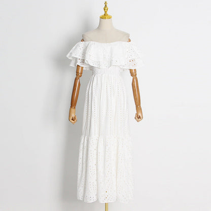 Long Dress Women'S Autumn New Double Ruffle Neck Embroidered Cutout Long Dress