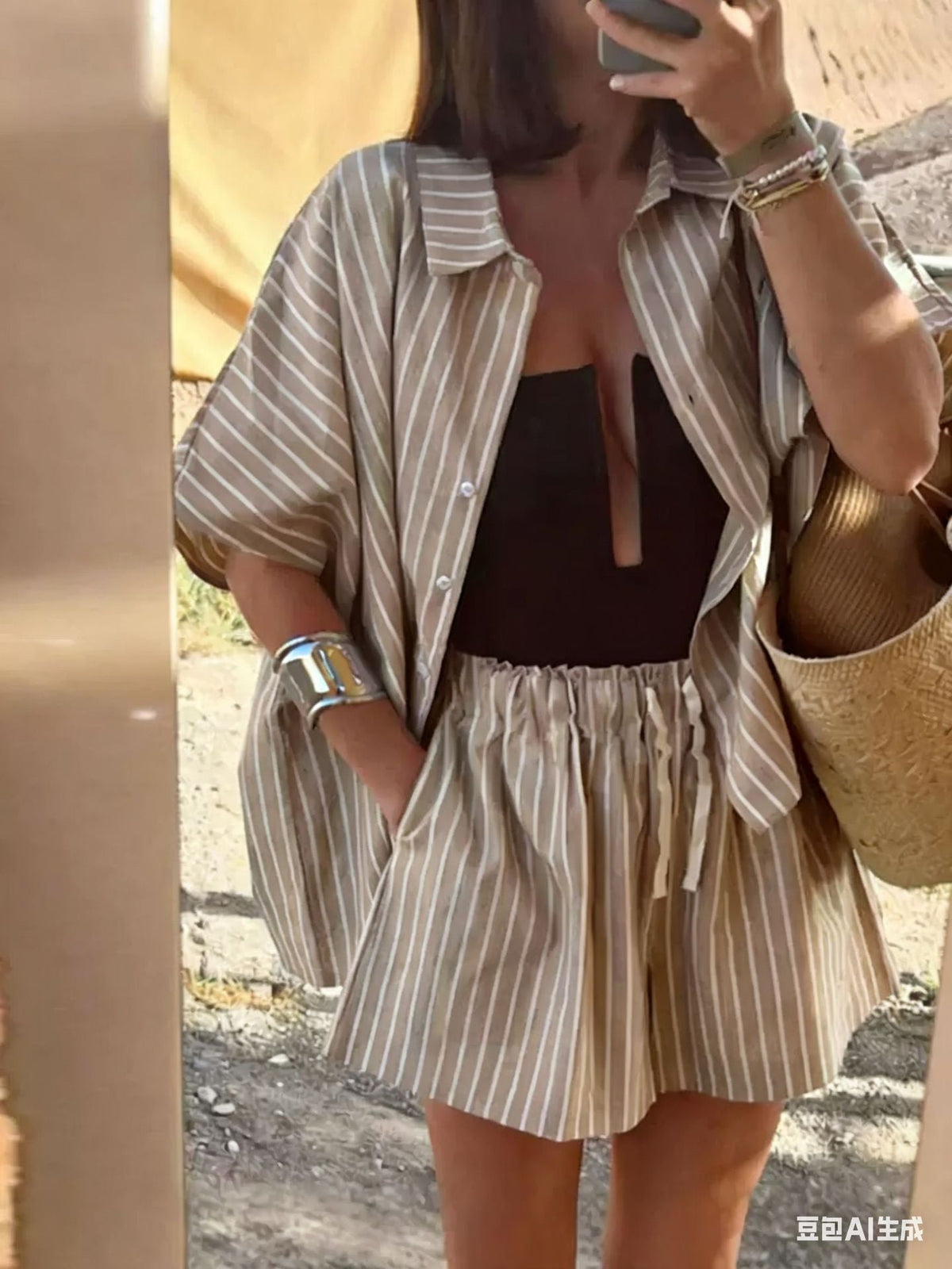 Striped Linen Shirt and Pocket Shorts Set for Women