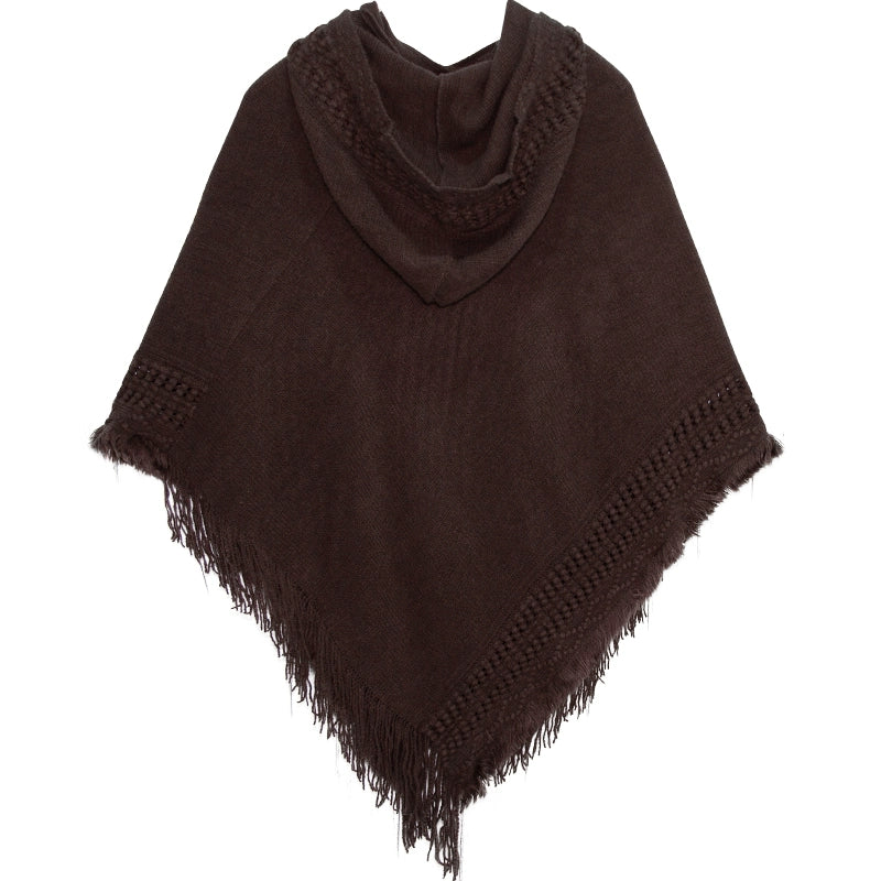 Summer Solid Color Hooded Shawl Women'S Knitting Outside With Spring And Autumn Travel Tassel Pullover Hooded Cape Shawl