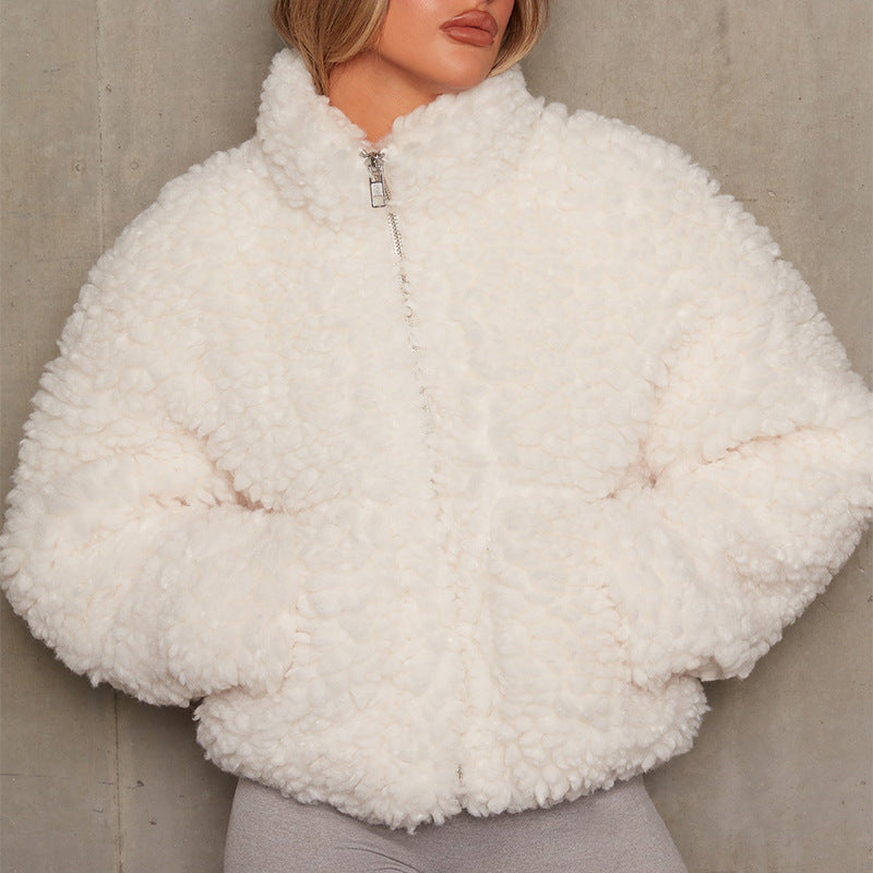 New Plush Cardigan, Cropped Jacket, Lamb Wool Coat Women