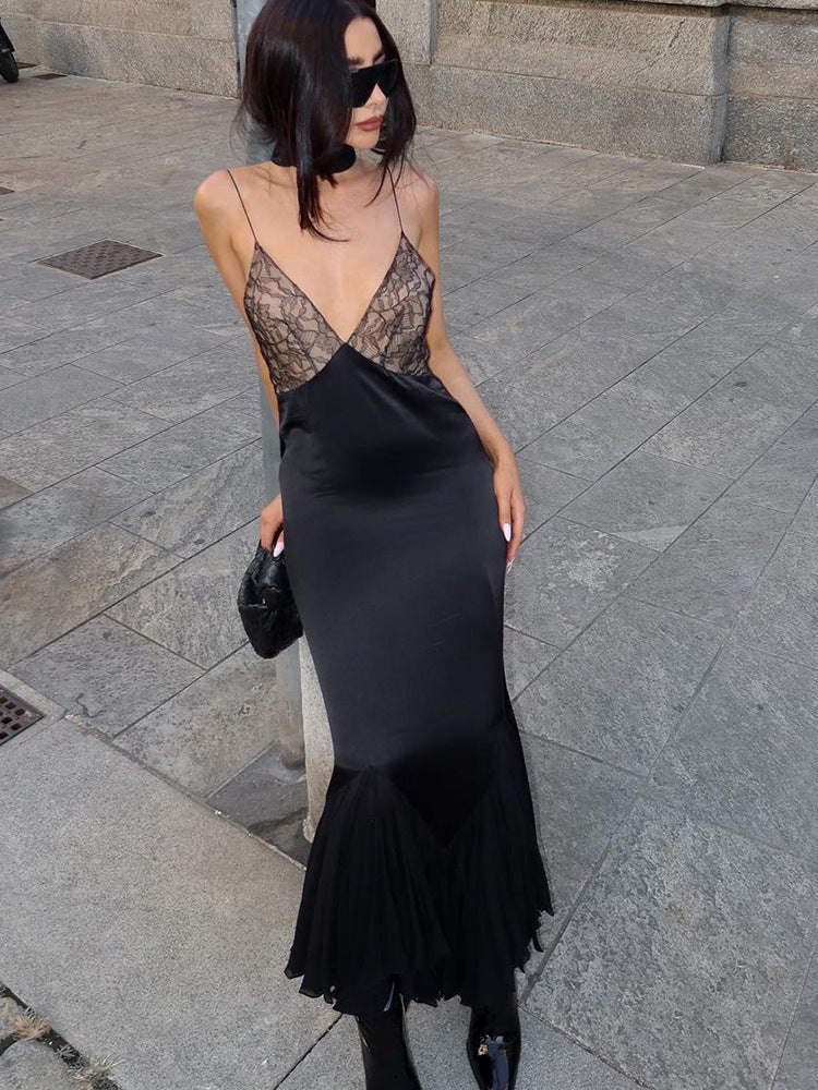 Sexy Lace Panel Cami Dress with Sheer Skirt