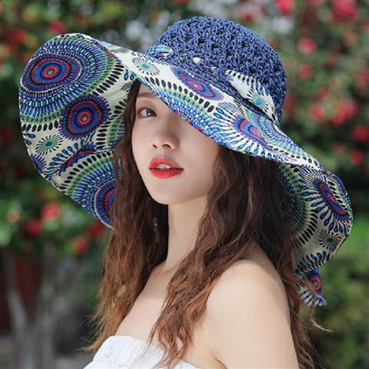 Hat Women'S New National Style Big Eaves Sun Protection Hat Uv Fisherman Hat Straw Hat