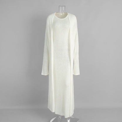 Knitted Cardigan Dress Set Stylish Basic Long Dress