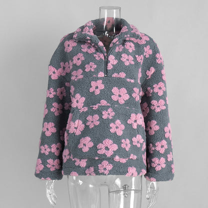 Floral Pattern Fleece Hoodie Casual Warm Sweatshirt