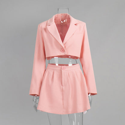 Elegant Blazer Skirt Set Solid Color Polyester Fashion
