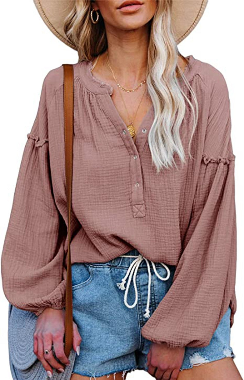Solid Color Mosaic Lantern Sleeve Button V-Neck Casual Shirt Woman