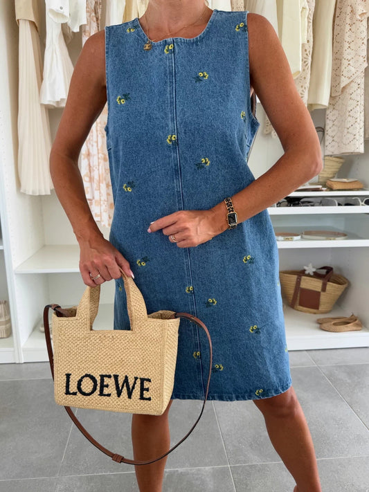 Floral Print Denim Sleeveless Dress Trendy Casual Wear