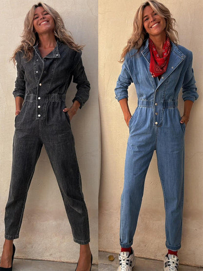 Trendy Pocket Denim Jumpsuit with Elastic Waist