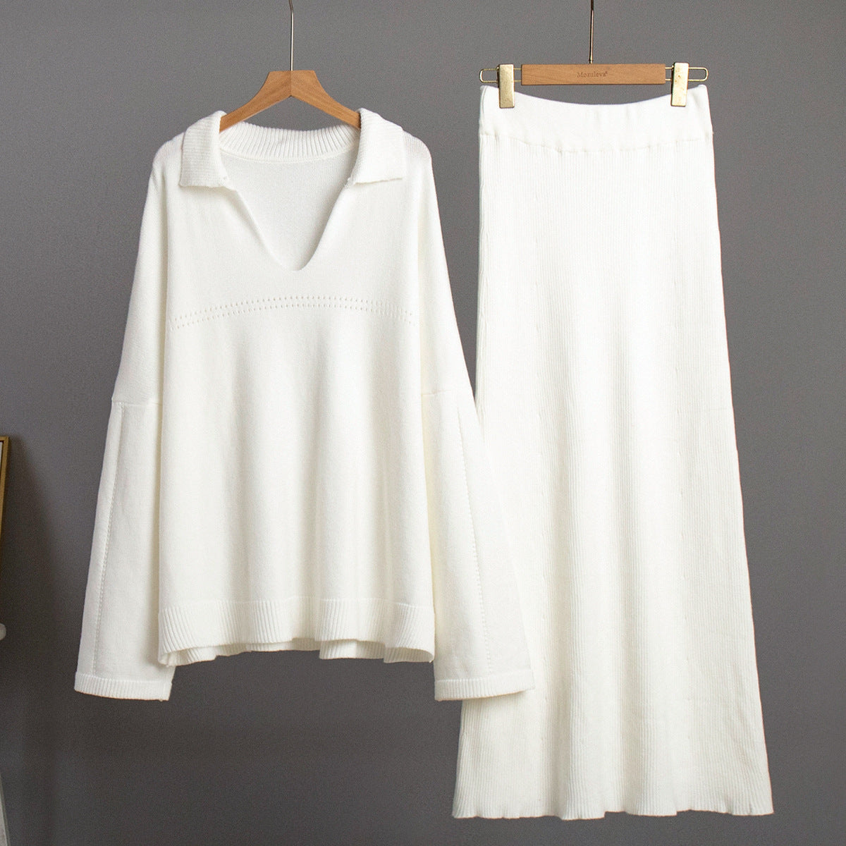 2 Pcs Trendy Knit V-Neck Sweater Maxi Skirt Set