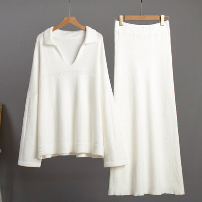 2 Pcs Trendy Knit V-Neck Sweater Maxi Skirt Set