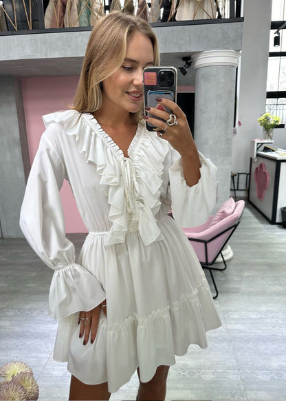 Ruffled A Line Dress Lightweight White Fabric