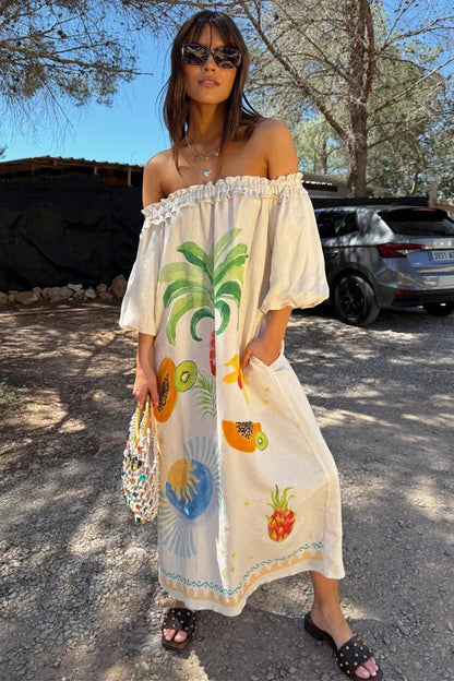 Floral Print Linen Off-Shoulder Maxi Dress
