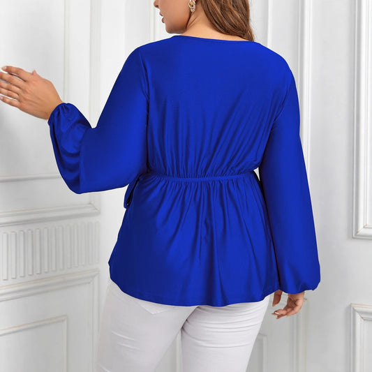 Trendy V-Neck Tie Long Sleeve Plus Size Women's Blouse