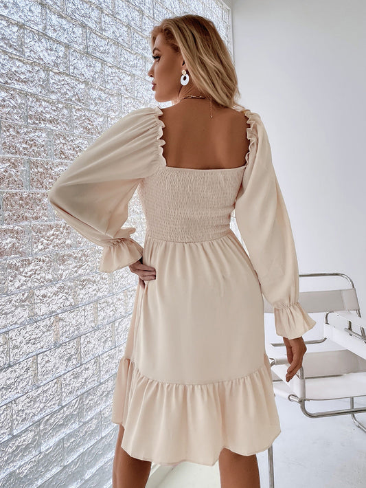 Pullover Square Neck Long Sleeve Ruffle High Waist Tight Temperament Commuter Dress Women