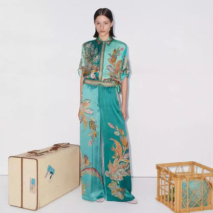 Retro Floral Print Satin Short Sleeve Shirt and Pants Set