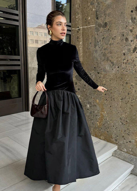 Velvet And Taffeta Maxi Dress With High Neck