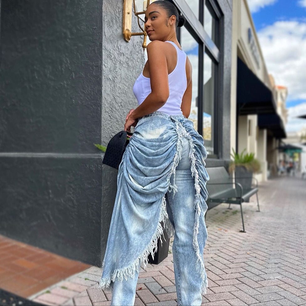 High-Waisted Denim Trousers For Women With Ripped Hem