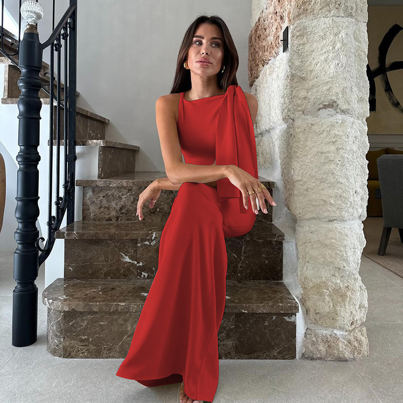 Fashionable Solid Color One-Shoulder Dress with Shoulder Tie