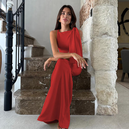 Fashionable Solid Color One-Shoulder Dress with Shoulder Tie