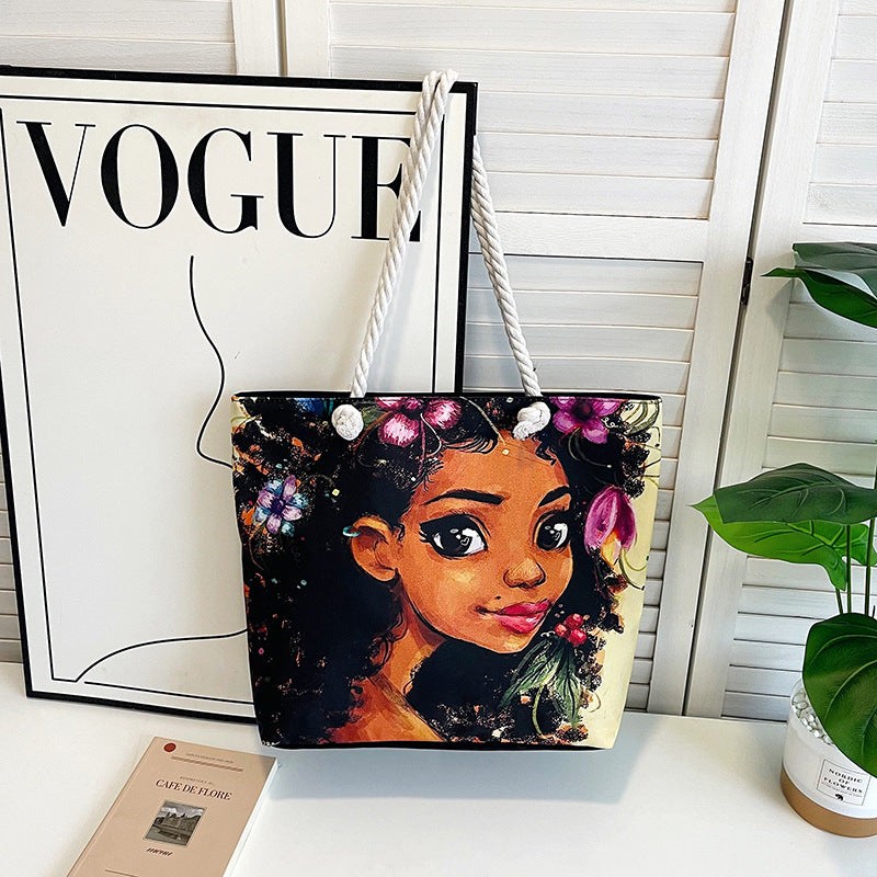 Classic Outdoor Canvas Tote Bag with Cartoon Print