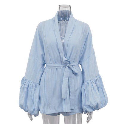 Cotton Puff Sleeve Tie Front Loose Cardigan with Shorts Set