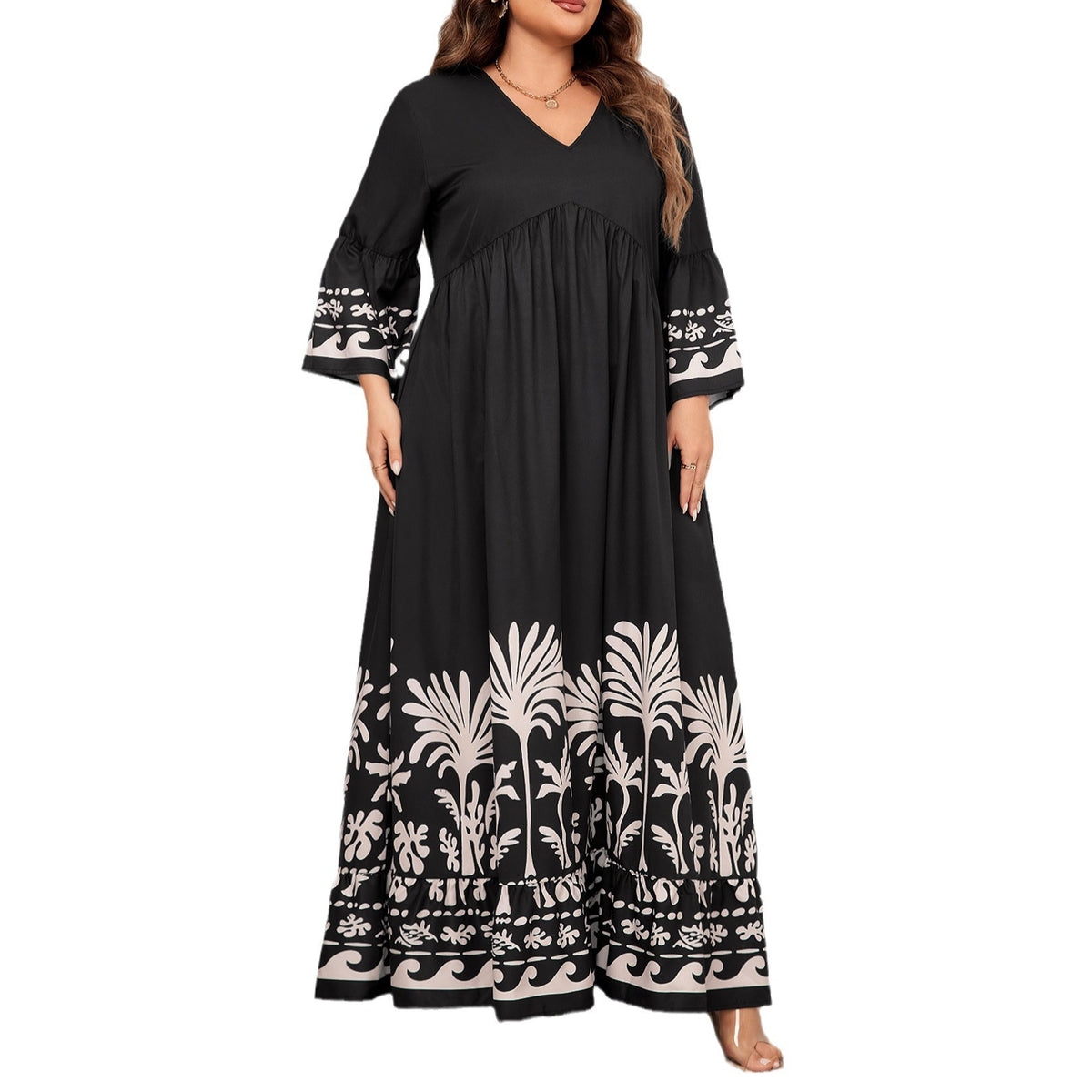 V-Neck Floral Long Dress with Flared Sleeves