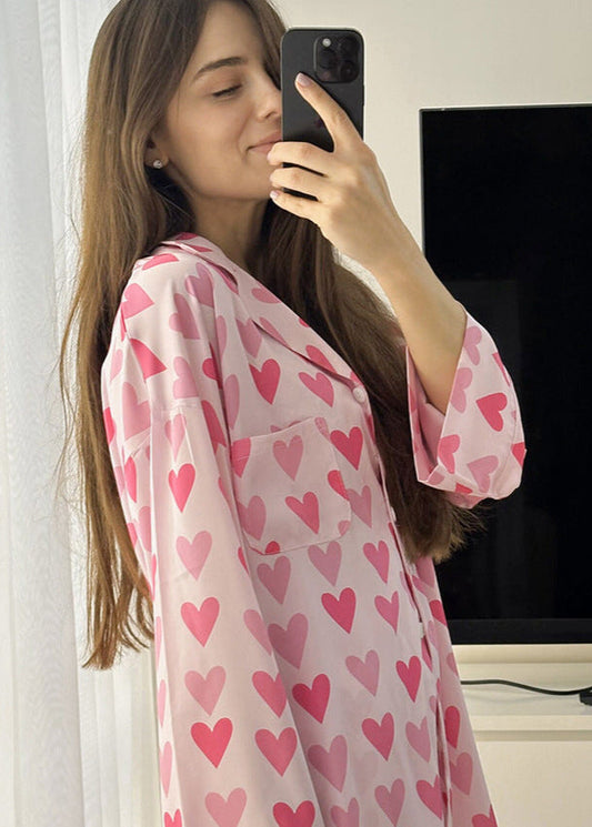 Heart Print Satin Pajama Set Relaxed Fit Pink