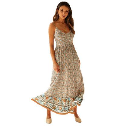 Summer New Swing Skirt Women'S Bohemian V-Neck Suspenders Floral Dress