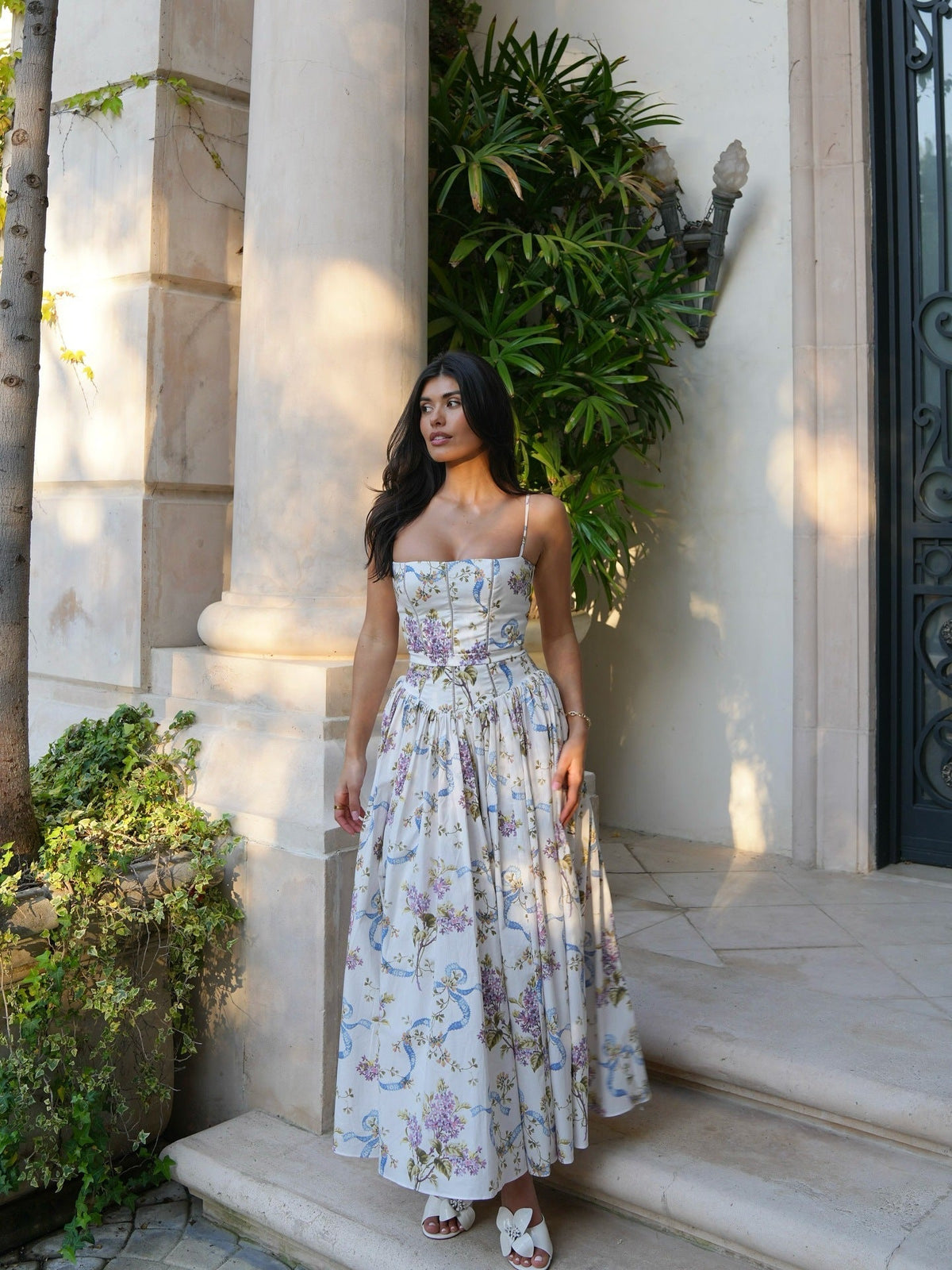 Strapless Floral Corset Maxi Dress In Lightweight Fabric