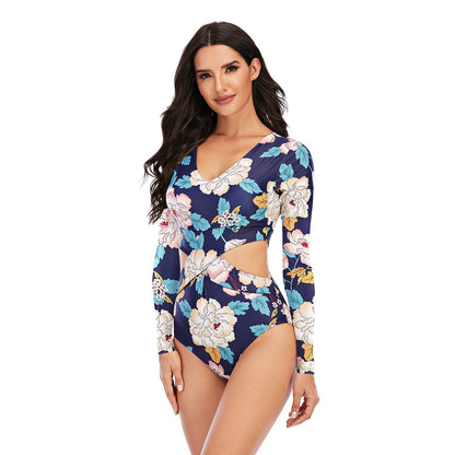 Jumpsuit Long-Sleeved Surfwear Sunscreen Women'S Swimsuit Hot Spring Wetsuit Sexy Swimwear Oni Flower