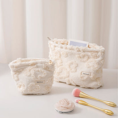 White Plushed Love Jacquard Make Up Bag