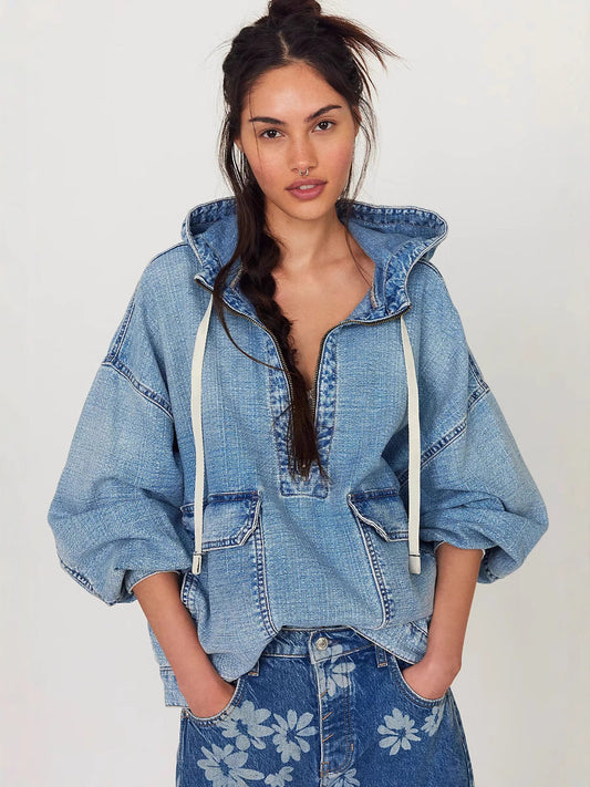 Hooded Denim Long Sleeve Top Casual Street Style