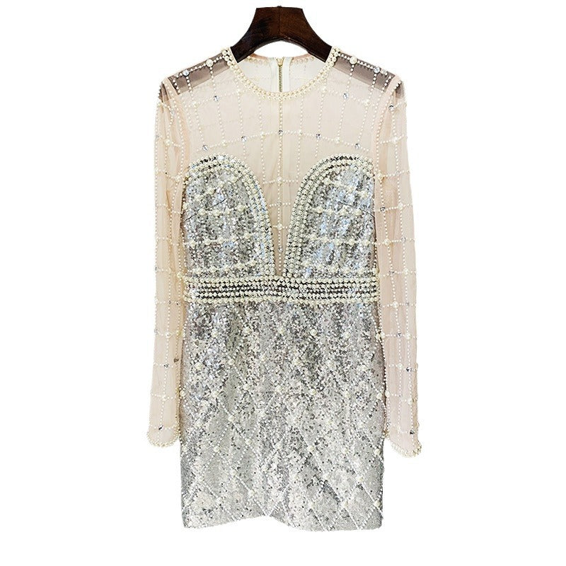 Pearl Sequin Long Sleeve Mesh Dress Elegant Style