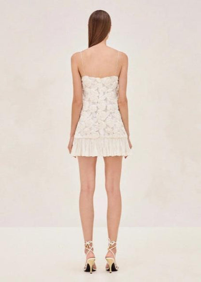 Floral Appliqué Ruffle Mini Dress White