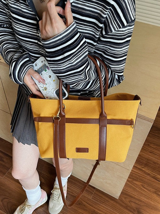 Women's Color Block Canvas Tote Bag Stylish Commuter Bag