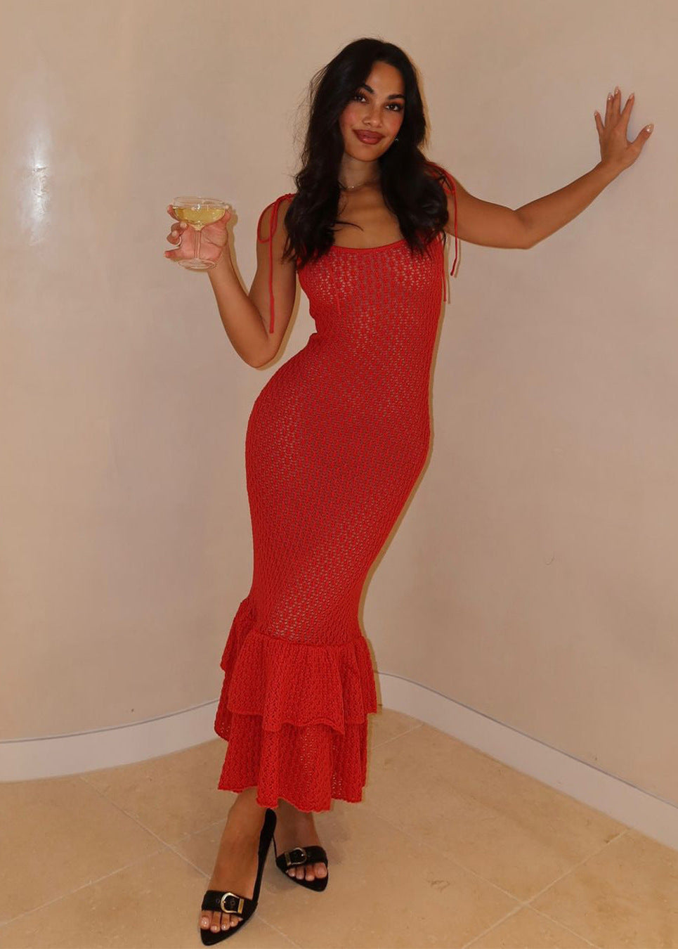 Lace Up Knit Maxi Dress With Ruffle Hem