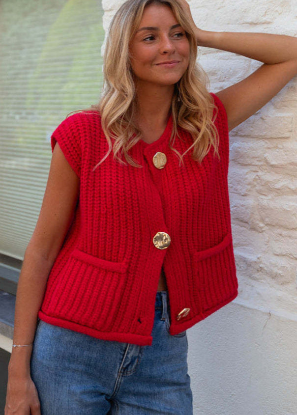 Chunky Knit Vest In Rich Red Texture
