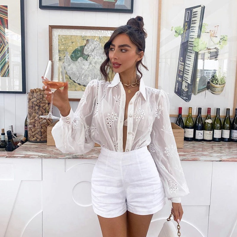 Embroidered Crochet Puff Sleeves Long Sleeve Top Woman