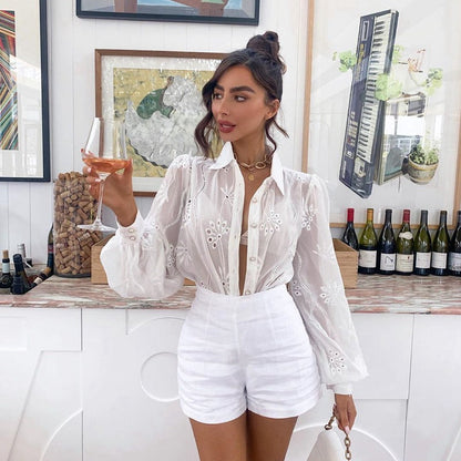 Embroidered Crochet Puff Sleeves Long Sleeve Top Woman