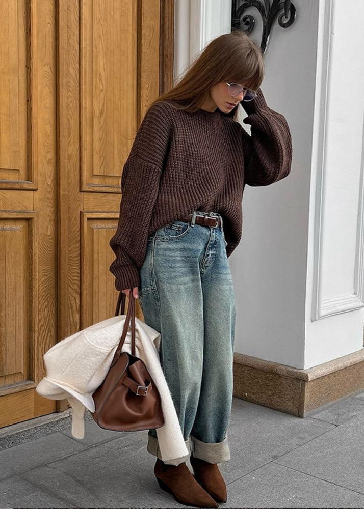Chunky Knit Pullover Sweater Dark Brown