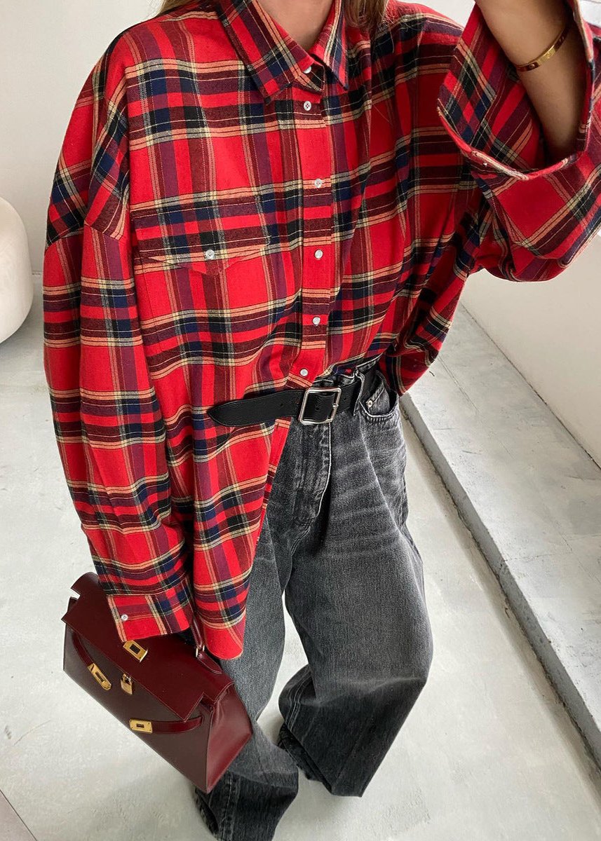 Oversized Red Plaid Shirt With Chest Pockets