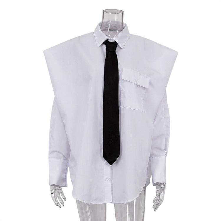 Trendy Long Sleeve Collared Shirt With Tie For Women