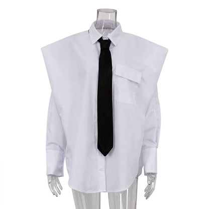 Trendy Long Sleeve Collared Shirt With Tie For Women