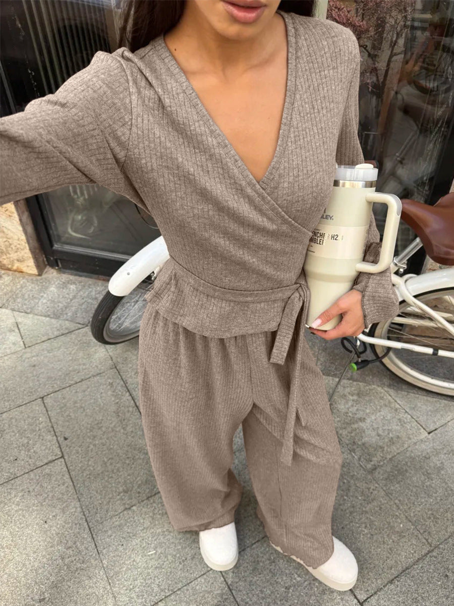 V-Neck Knit Long Pants Set Stylish Casual Outfit