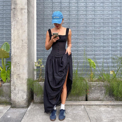 New Lazy Resort Style Pleated Front Cuff Design Extra-Long Dress Goddess Skirt Swing Skirt