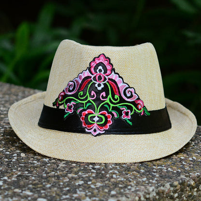 Embroidered Hat In Summer, Straw Hat, Women'S Top Hat, Tibetan Style, Sun Protection, National Style Embroidery In Summer And Autumn