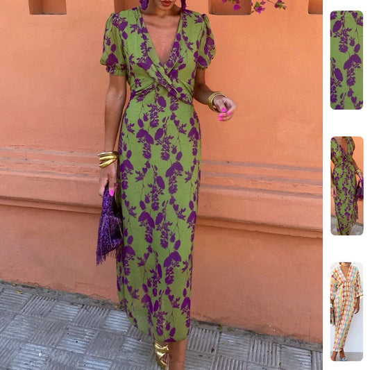 Color Block Floral Maxi Dress Elegant Fit Short Sleeve Dress