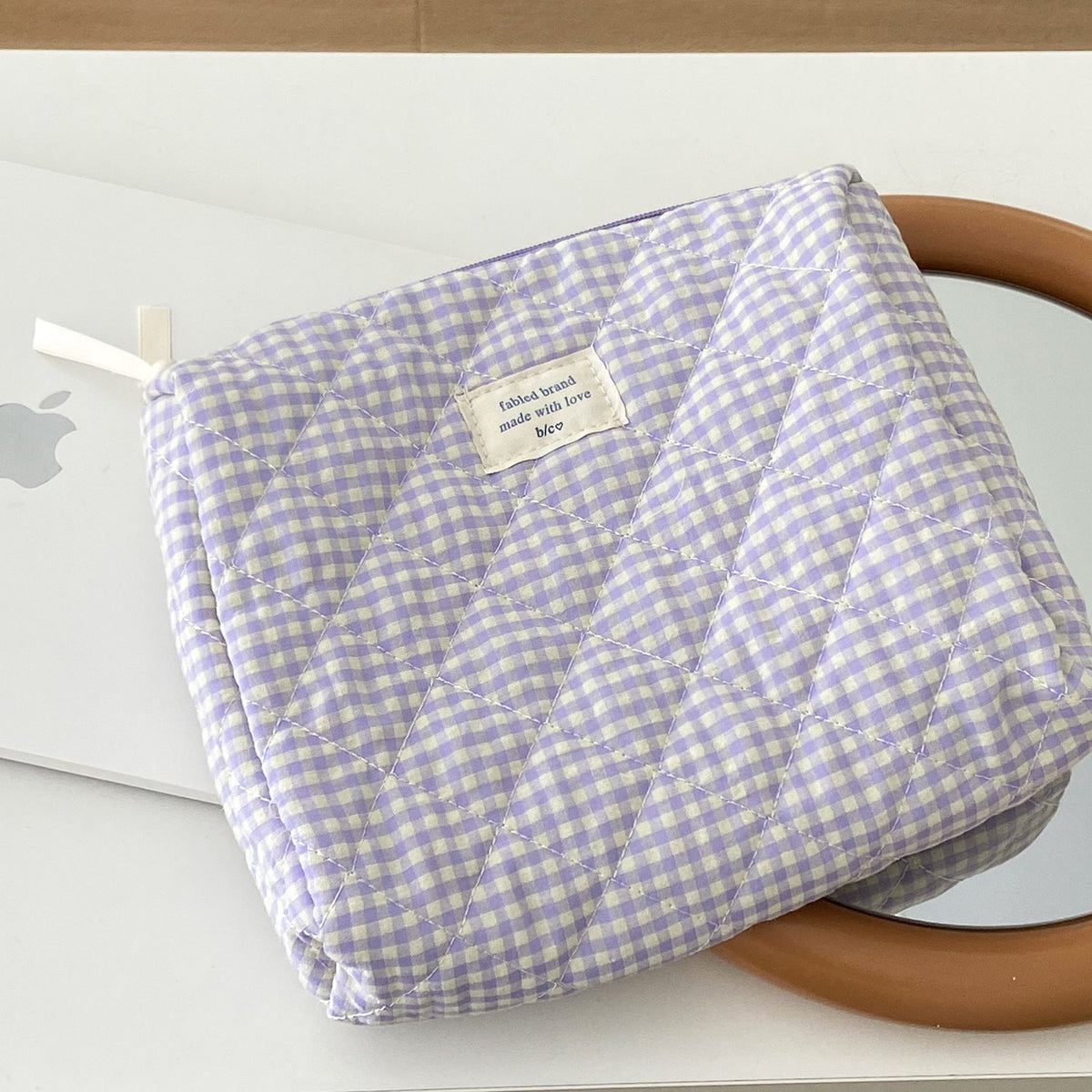 Berry Check Quilted Makeup Bag Large Capacity Cotton Cosmetic Organizer